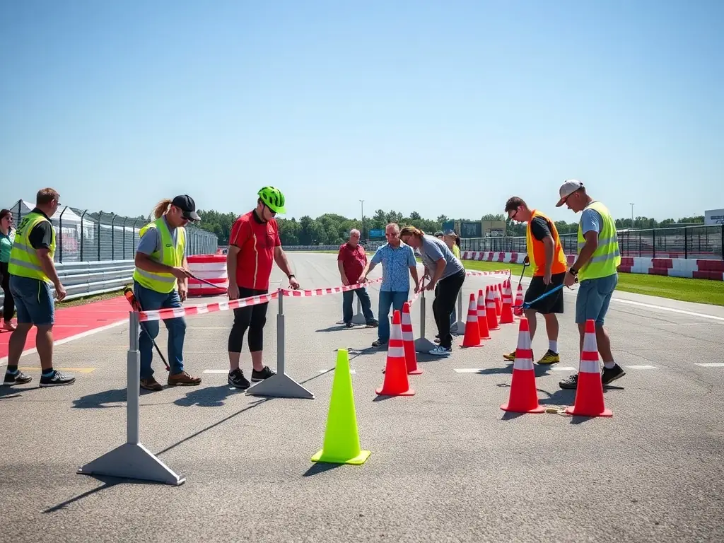 A group of volunteers assisting with track setup at a START PILOTE event, showcasing teamwork and community spirit.