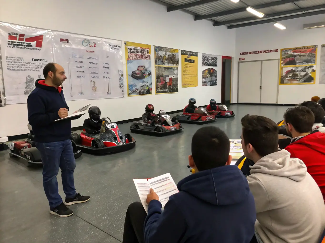 A classroom setting where experienced drivers are teaching novice participants about vehicle safety and motorsport regulations.