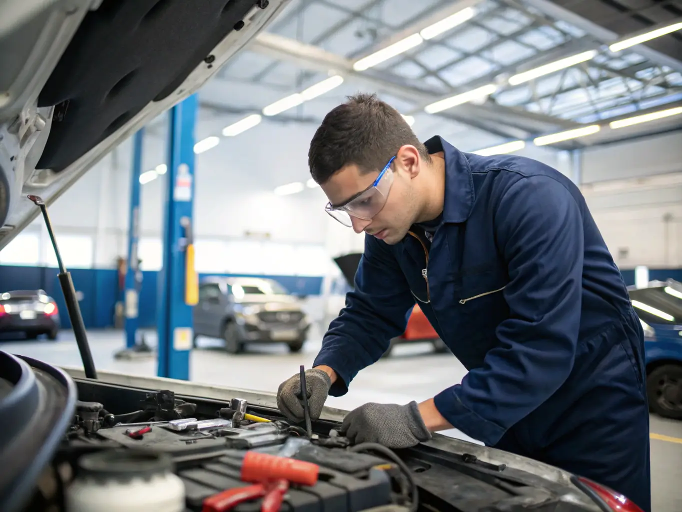 A professional image of a START PILOTE workshop, showcasing participants learning about vehicle maintenance and mechanical skills from experienced instructors.