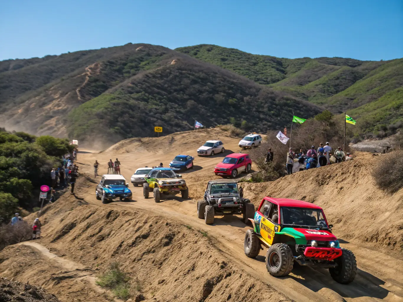 A dynamic image of a START PILOTE-organized rally event, featuring a diverse group of participants navigating a challenging course.