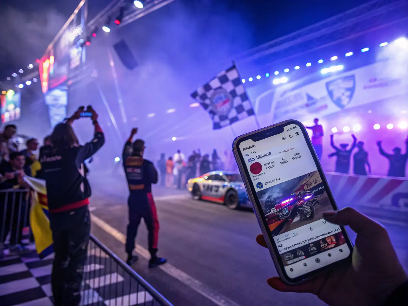 Enthusiastic spectators cheering at a START PILOTE automotive sporting event, highlighting the excitement and community atmosphere.