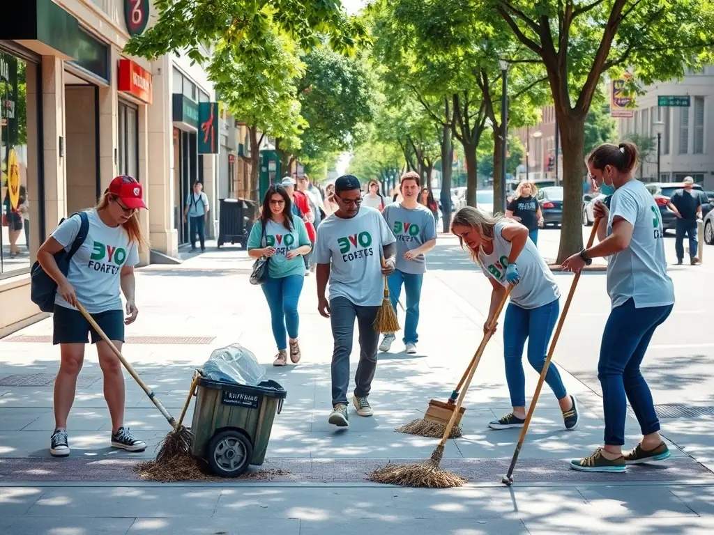 A group of volunteers working together to clean up a local racetrack, demonstrating community involvement and environmental responsibility.