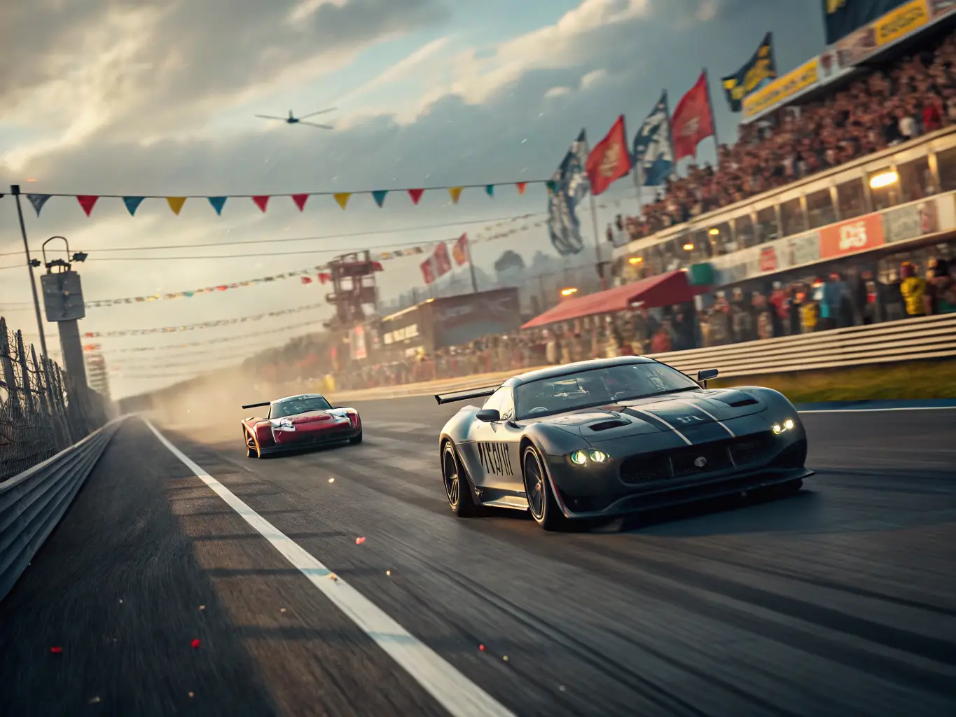 An action-packed image of a START PILOTE-organized automotive sporting event, featuring race cars speeding around a track with enthusiastic spectators in the background. The image should capture the thrill and competitive spirit of motorsport.