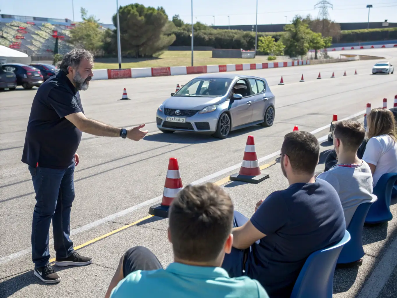 A dynamic image of participants receiving advanced motorsport training from experienced instructors, demonstrating techniques such as precision driving and vehicle dynamics. The image should highlight the expertise and personalized attention provided.