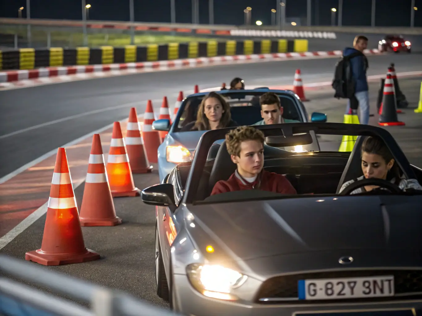 A vibrant image of participants engaged in a START PILOTE introductory motorsport course, showcasing diverse individuals learning basic driving techniques on a closed track. The image should convey a sense of excitement, safety, and community.